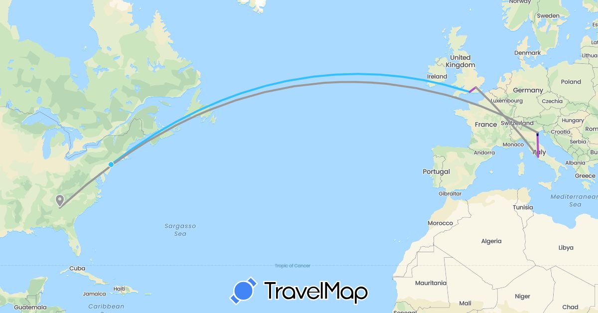 TravelMap itinerary: driving, plane, train, boat in United Kingdom, Italy, United States (Europe, North America)